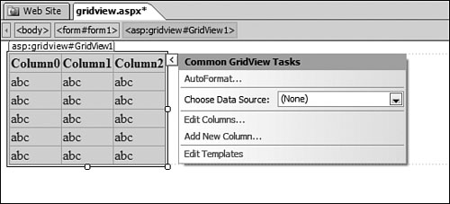 To configure the GridView control, use the Common GridView Tasks popup.