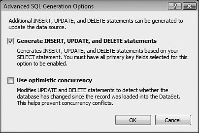 The Advanced SQL Generation Options dialog makes it a one-step process to add the code necessary to edit the database.