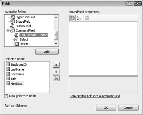 The Fields dialog makes it easy to change the columns displayed in a GridView. In this case, we’re adding an Edit, Update, Cancel link in a new column.