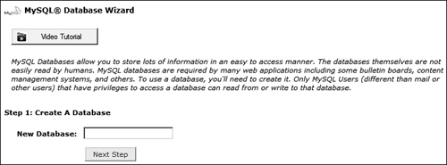 MySQL database wizard step 1 (create your database)