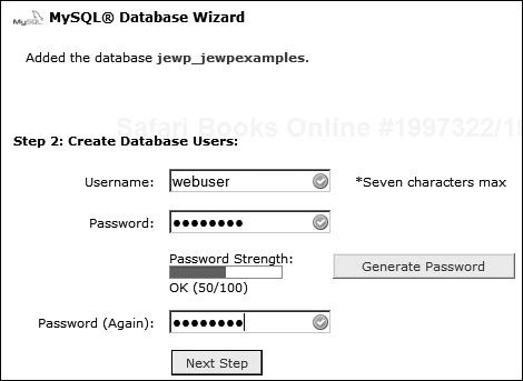 MySQL database wizard step 2 (create users)