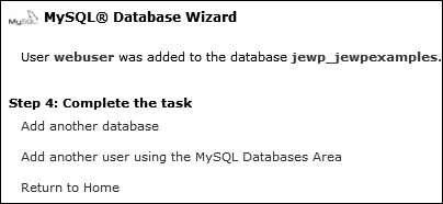 MySQL database wizard step 4 (finished)