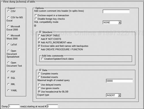 The phpMyAdmin export interface