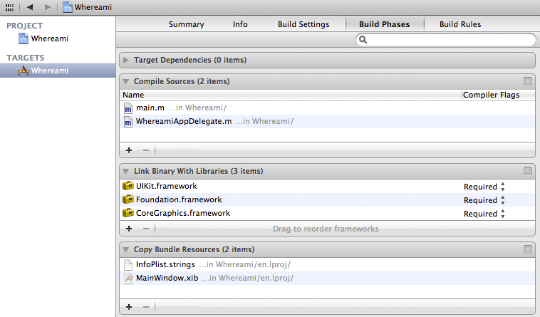 Build phases of the Whereami target