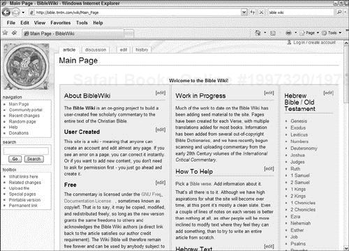 The BibleWiki home page explains the wiki’s mission and how to get involved.