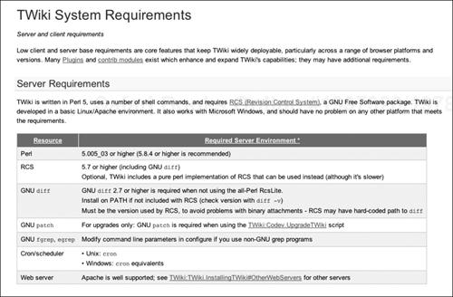 The TWiki Web site lists system requirements for the TWiki engine.