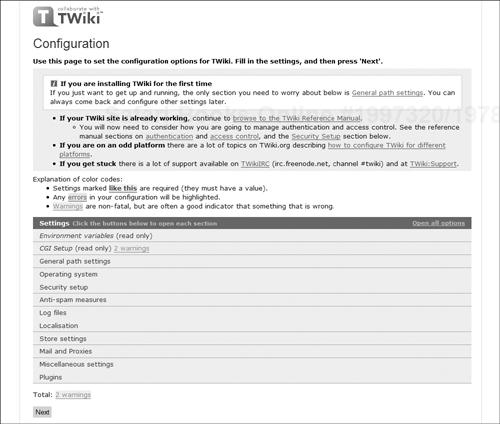 Use the TWiki configure page to finish the installation process.