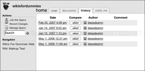 The history page of WikiSpaces shows a list of versions.