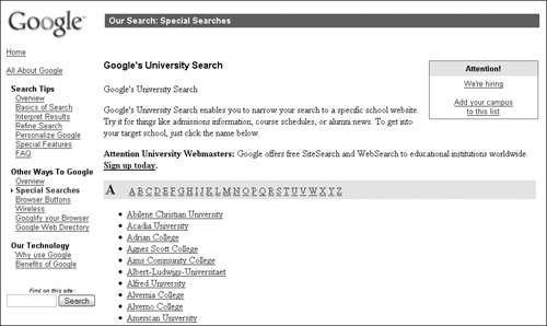 Choose a university Web site from the list.