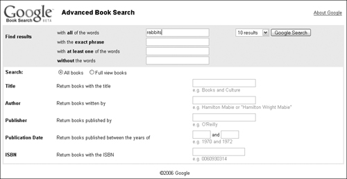 The Advanced Book Search page assists you in narrowing your search.