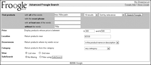 Use the Froogle Advanced Search page to narrow your product search.