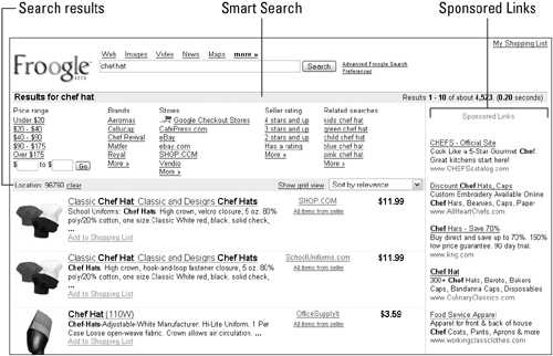 The Froogle results page is divided into different, useful sections.