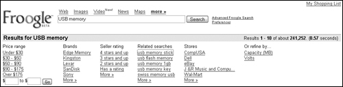 Froogle displays different categories to assist in focusing your search.