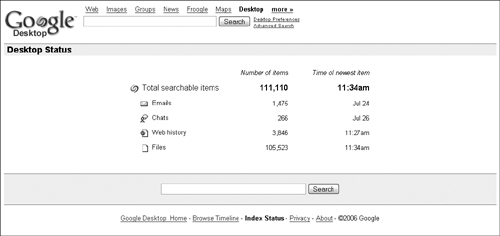 Display the current indexing status or choose to Index now.