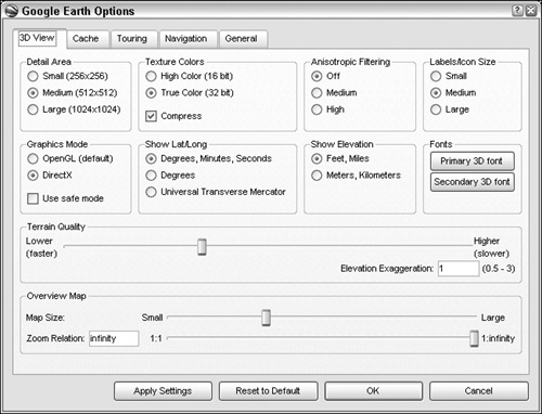 Change how Google Earth appears and functions by editing the Google Earth options.