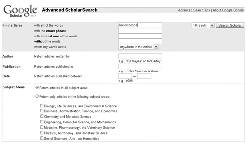 Focus your search through articles using Advanced Scholar Search.