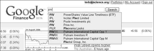 A drop--down list appears as you type in the Google Finance search box.