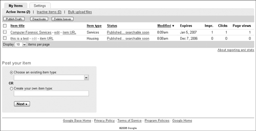 Manage your posted items in the Google Base dashboard.