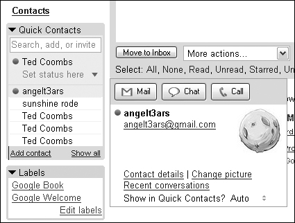 Placing your mouse over a contact in your list expands a contact window.