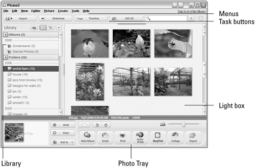 The Picasa2 interface is organized into a number of functional areas.