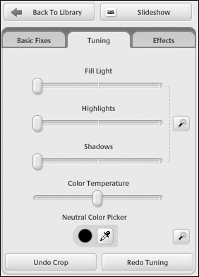 Use the sliders in the Tuning tab to make adjustments in an image’s color and amount of light.