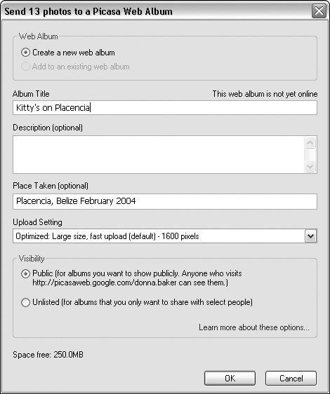 Configure the appearance for the Web Album in this dialog box.