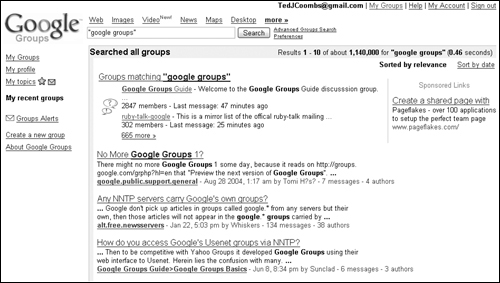 Google Group search results include groups and message postings.