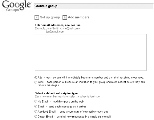 Type the e-mail addresses of new members in the box and configure how e-mail is delivered to them.