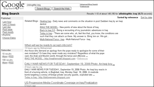 Blog search results begin with Related Blogs.
