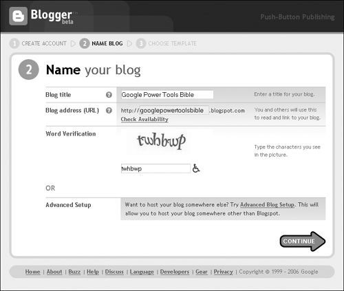 Create a name and URL for your blog.