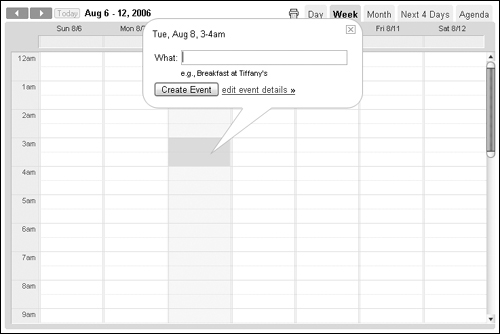 Add your event information in the bubble that appears after clicking on the calendar.