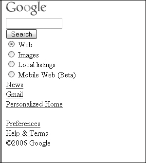 Type your query into the XHTML Google search box. This image is a simulation.