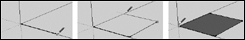 Draw the first edge along an existing axis line (left), continue adding edges using lines parallel to the axis lines (center), and complete the shape to create an object with a closed edge and one face (right).