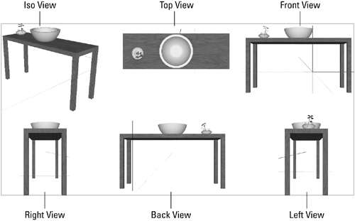 Instead of trying to position and reposition a model in a location you have used previously, select one of six standard views to work with your models.