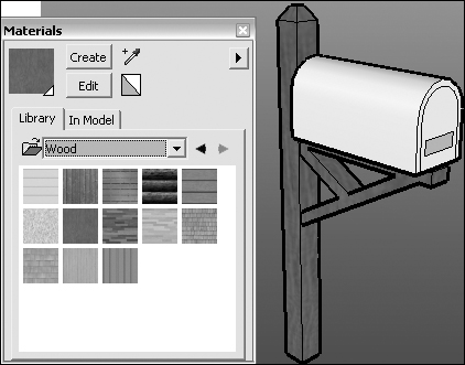 Select the material to use for painting faces in your model from the Materials dialog box. The post assembly for the mailbox is painted with a cherry wood color and texture.