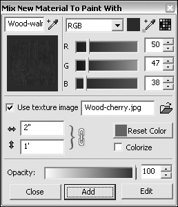 Develop custom materials in the dialog box based on existing material swatches or new materials.