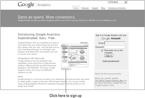 Get started with Google Analytics by clicking the Sign Up link.