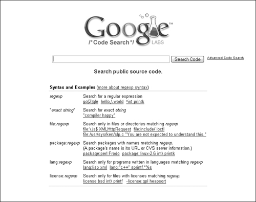 Search through public Open Source code using Google Code Search.