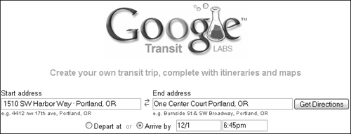 Specify addresses and time for travel in the respective fields to search for public transportation.