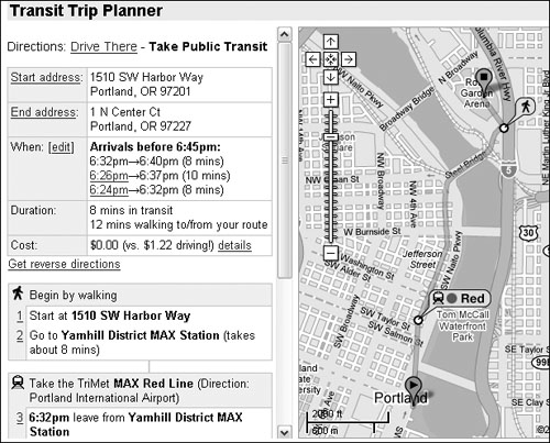 The most convenient route to your destination is shown on a map along with a list of interim stops and costs.