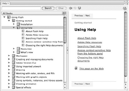 The Flash Help panel includes a drop-down menu to help you sort a list of reference categories or "books" and a search field to find content on specific topics.