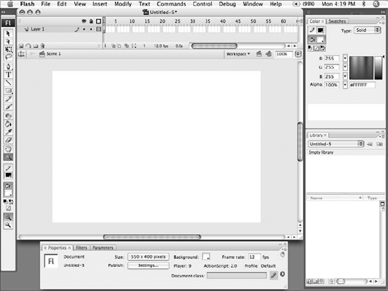 The default layout for Flash CS3 as it appears on Macintosh OS X