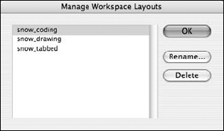 The dialog box for managing saved Workspace layouts makes it easy to delete or rename your custom layouts.