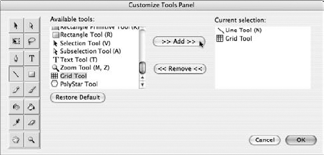 Any tool added to the Tools folder — by saving the relevant .xml, .jsfl, and .png files there — will appear in the Available tools list in the Customize Tools Panel dialog box.