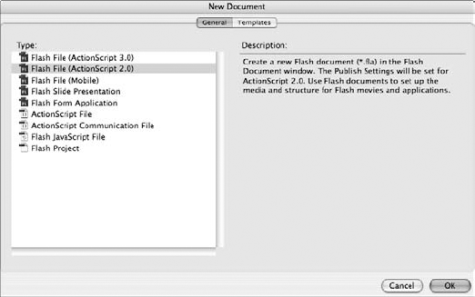 Use the New Document dialog box in Flash CS3 to create new documents or open template files.