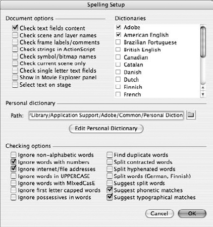 The Spelling Setup dialog box gives you a range of settings to control how the Check Spelling command is applied to your documents.
