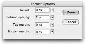 The paragraph Format Options dialog box for Vertical text invoked with the Edit format options button in the Property inspector