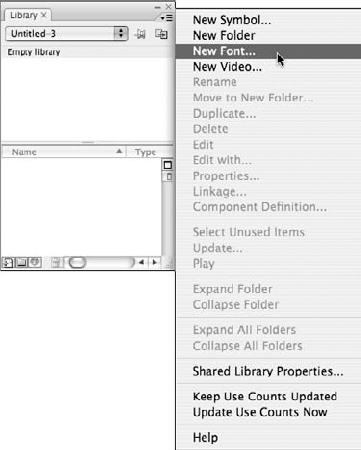 Choosing to insert a new Font symbol from the Library panel options menu