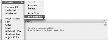 Saved filter presets appear alphabetically in the Presets menu — the Presets are saved on an application level for reuse in any active document.