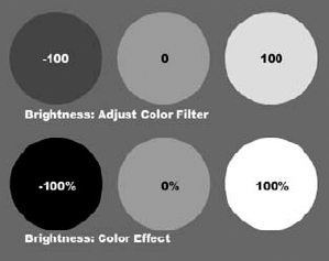 Numeric settings applied with the Adjust Color filter Brightness result in less extreme value changes than Percentage settings applied with the Color property Brightness.